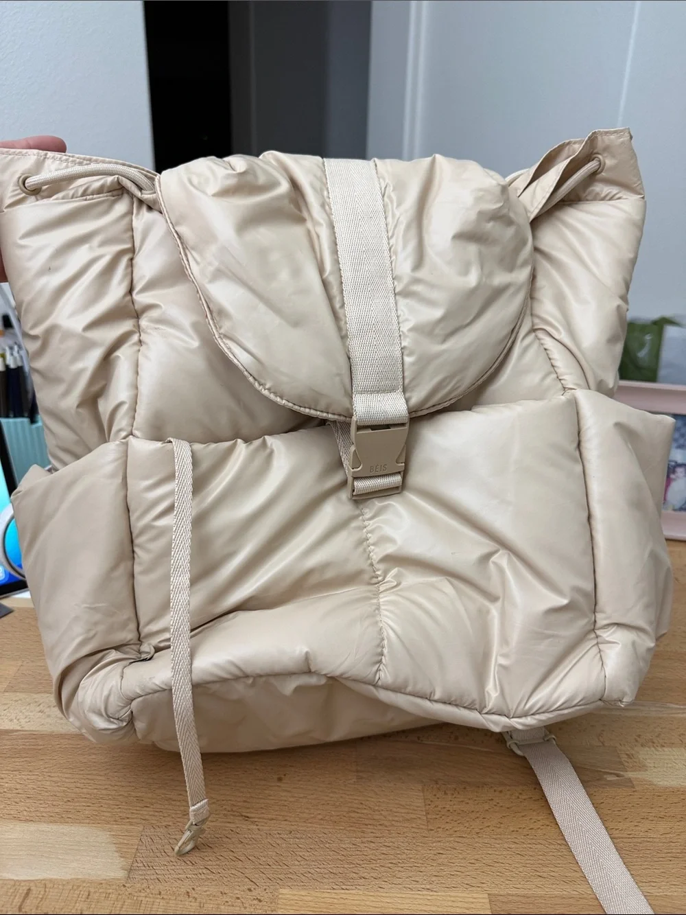 Beis Neutral Beige Quilted Puffer Backpack with Front Buckle